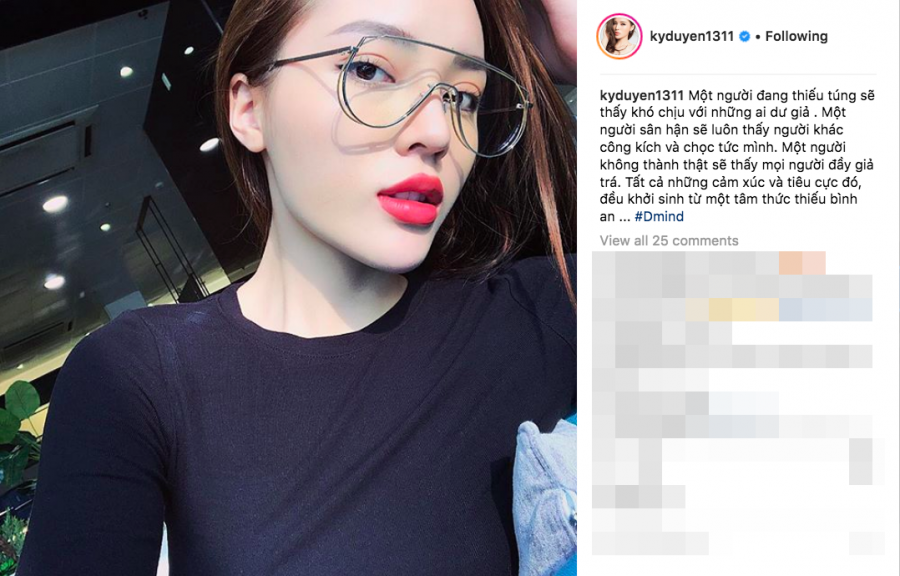 Trước ồn ào bị tố là người thứ ba, phía Hoa hậu Kỳ Duyên, quản lý của cô cho biết không đưa ra bất cứ phát ngôn nào. Còn Kỳ Duyên, trên trang cá nhân của mình, người đẹp đã đăng tải đoạn status đầy ẩn ý trên cả Facebook lẫn Instagram: 