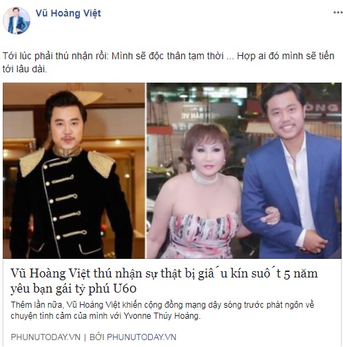 Vũ Hoàng Việt bất ngờ đăng tải dòng trạng thái ngắn nhưng đầy ẩn ý nhằm đề cập đến tình trạng yêu đương hiện tại của anh. Cựu người mẫu thẳng thắn bày tỏ, 