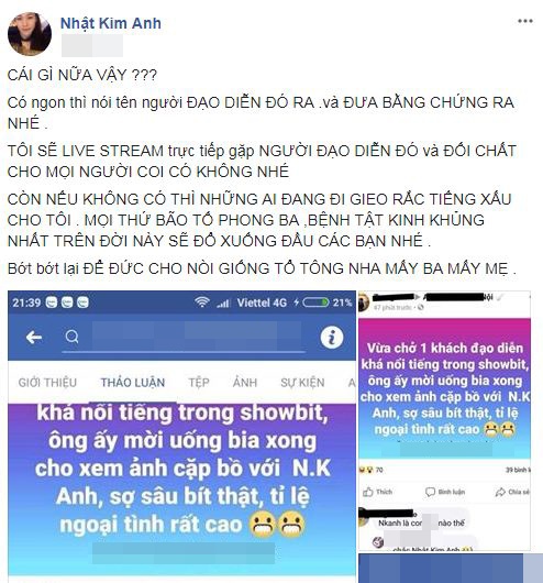 Bị tố cặp kè với đạo diễn nổi tiếng trong showbiz Việt, Nhật Kim Anh đã tỏ thái độ vô cùng bức xúc. Cô viết, 