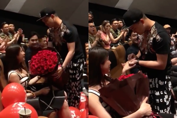 Bạn trai Diệp Lâm Anh đã chuẩn bị video trình chiếu những hình ảnh ngọt ngào của cả hai trên màn ảnh lớn trong màn cầu hôn ở rạp chiều phim hết sức lãng mạn. Tiếng nhạc ngọt ngào, bóng bay được thả khắp khán phòng. Người đẹp đã không giấu được sự xúc động.