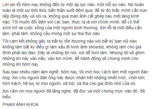 Đoạn trạng thái khá dài của ca sĩ Phạm Anh Khoa sau loạt scandal