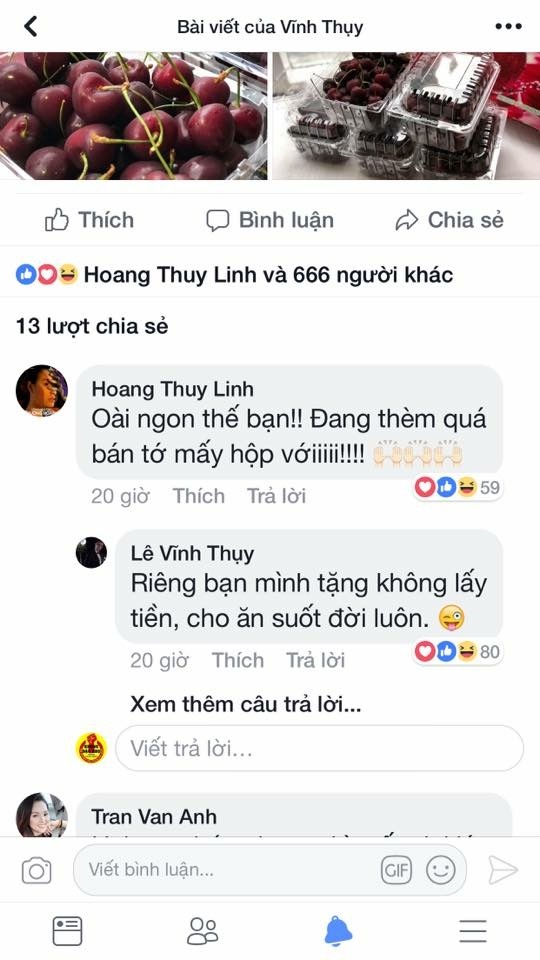 Vĩnh Thụy đăng tải đoạn trạng thái bán quả cherry và được đông đảo bạn bè ủng hộ, trong đó có cả Hoàng Thùy Linh. Theo đó, nữ ca sĩ để lại bình luận đề nghị mua đến mấy hộp cherry nhưng bất ngờ thay, Vĩnh Thụy lại từ chối bán với lý do, 