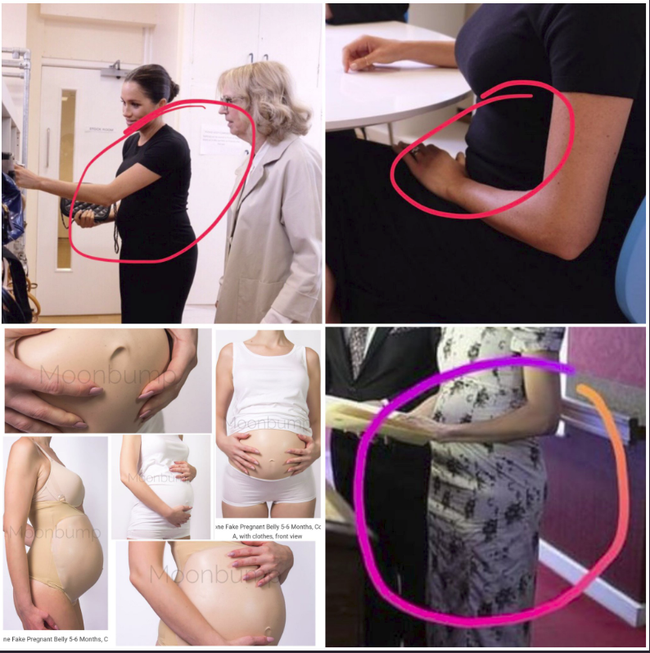 Meghan bị cho là dùng silicon để độn bụng bầu. Cư dân mạng chỉ ra một số khoảnh khắc của Meghan để chứng minh cho điều này.    