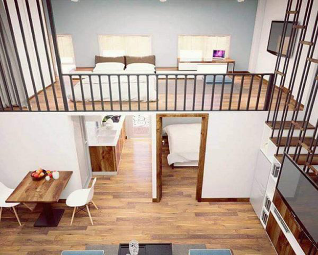 Nhà  2 phòng ngủ, 1 phòng khách, 1 phòng bếp, 1 nhà vệ sinh. Thiết kế gác xép không những tận dụng triệt để không gian cho căn hộ mà còn khiến tổ ấm của Shbet111 slot, casino, thể thao, xổ số như rộng rãi hơn.