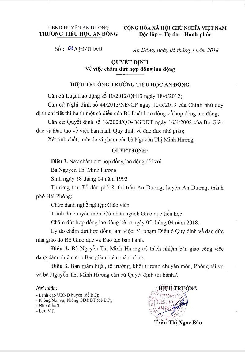 Quyết định chấm dứt hợp đồng lao động của cô Hương (ảnh: PLO)