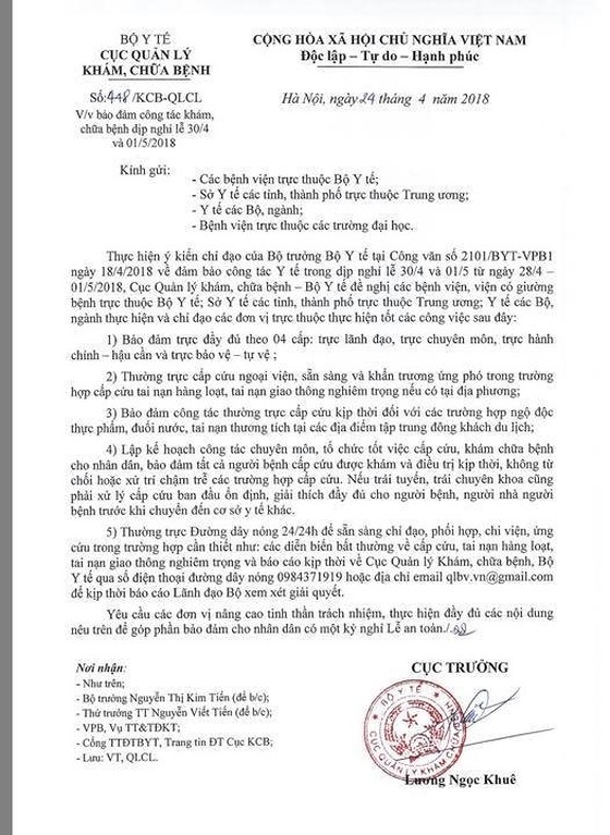 Văn bản Bộ Y tế gửi tới các đơn vị trực thuộc (ảnh: SGGP)