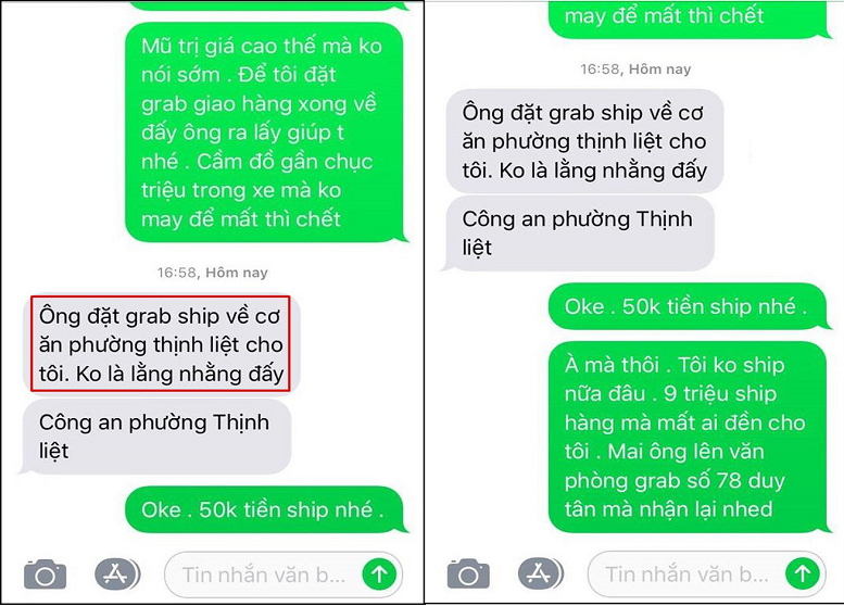 Đoạn tin nhắn qua lại giữa chủ chiếc mũ và người tài xế Grab