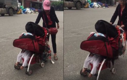 Bella để đồ đạc hành lý chất kín lên chiếc xe đẩy có đứa con nhỏ