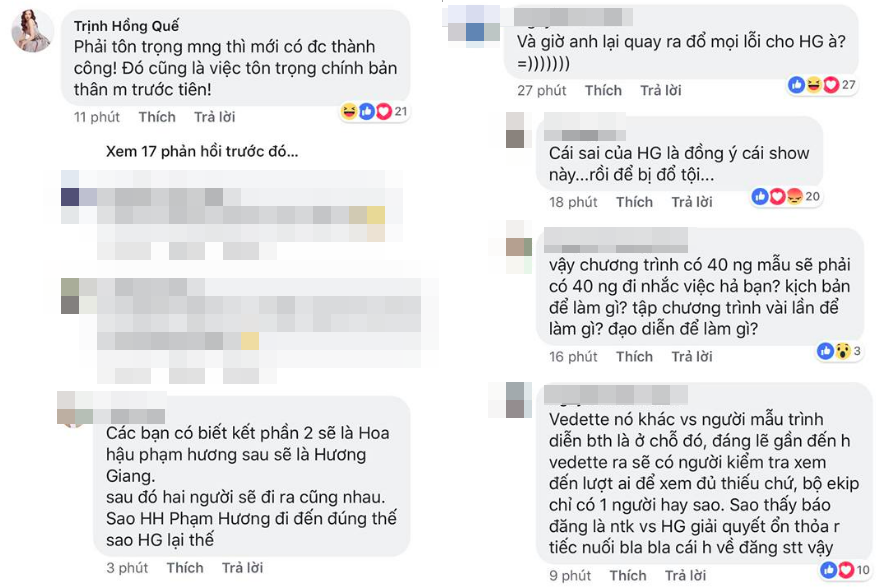 Người mẫu Hồng Quế cũng vào bình luận dưới dòng trạng thái này. Hầu hết những người bình luận thắc mắc lý do thực sự việc Hương Giang không được diễn