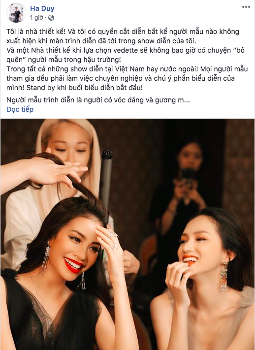 Tuy nhiên tới sáng nay, NTK Hà Duy lại lên tiếng tố ngược lại Hương Giang thiếu chuyên nghiệp mới dẫn tới sự cố tại show diễn