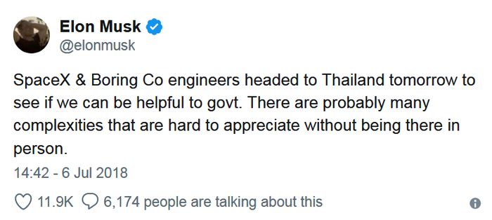 Sau đó là thông báo của Elon Musk về việc các kỹ sư của Space X và Boring Company đang trên đường tới Thái Lan để bàn thêm về phương án mới