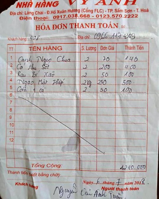Hóa đơn bữa ăn trưa ngày 6/7 của đoàn khách 16 người kể trên