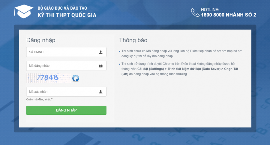 Trang tra cứu điểm thi THPT Quốc gia của Bộ giáo dục và đào tạo