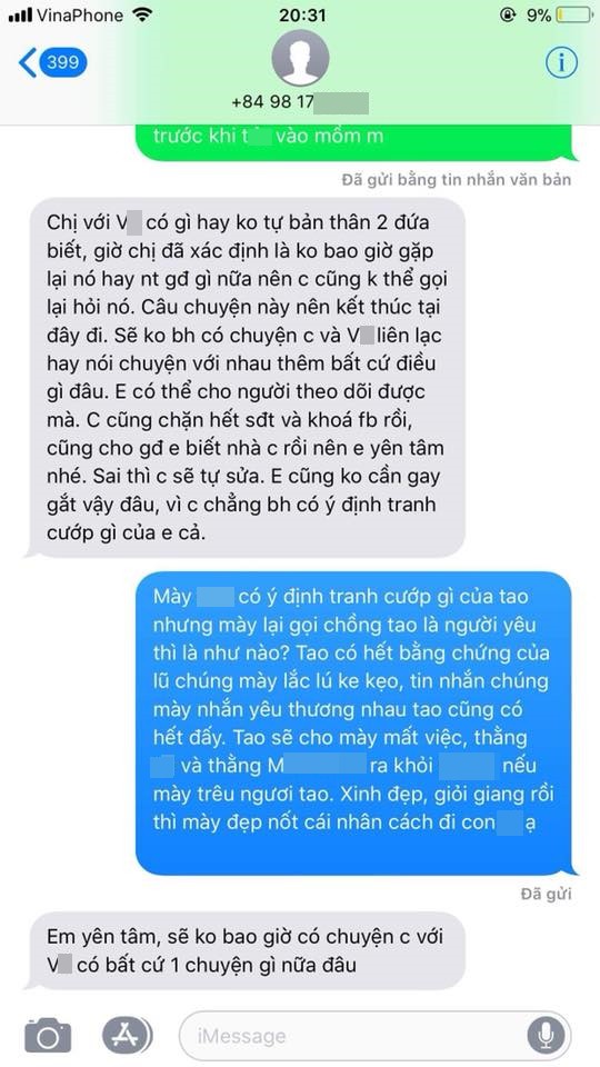 Loạt tin nhắn P. cảnh cáo nhân tình của chồng, nhận được phản hồi rất nhã nhặn, biết điều, nhưng sau đó thì cô bồ vẫn tiếp tục qua lại
