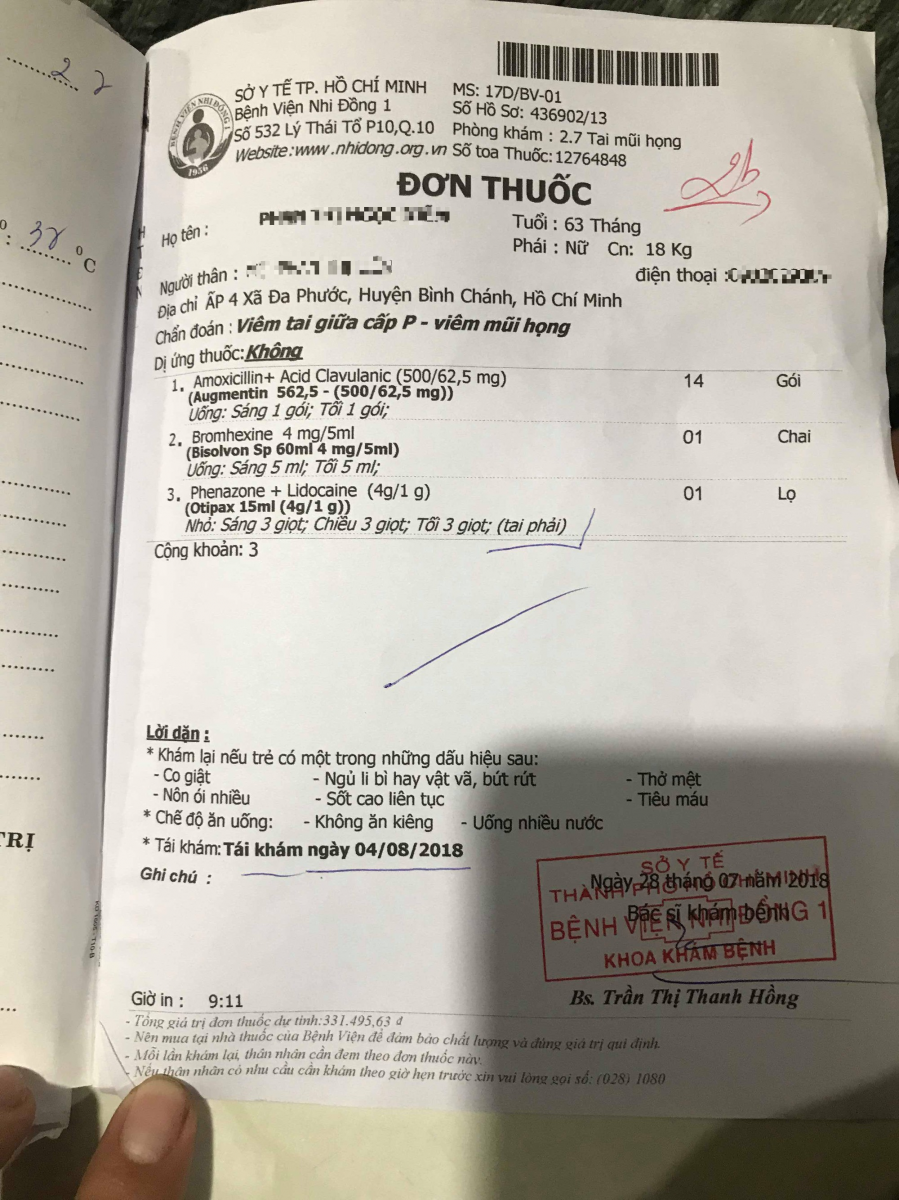 Kết quả khám mới nhất cho thấy bé bị Viêm tai giữa và Viêm mũi họng