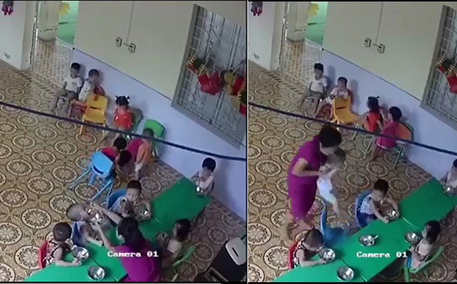Hình ảnh cô giáo nhồi nhét thức ăn rồi bế thốc cháu ra ngoài cửa để đánh hòng tránh camera gây phẫn nộ