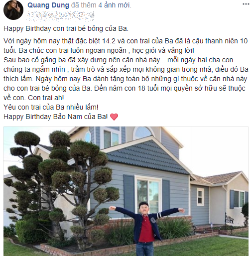 Quang Dũng xây nhà triệu đô tặng con trai tròn 10 tuổi.