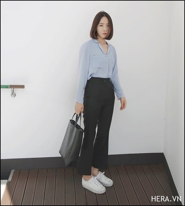  Giầy basic, quần kaki chất thô hơi loe, áo sơ mi Pijama, công thức đơn giản cho bạn vẻ ngoài thanh lịch và cực Hàn Quốc  