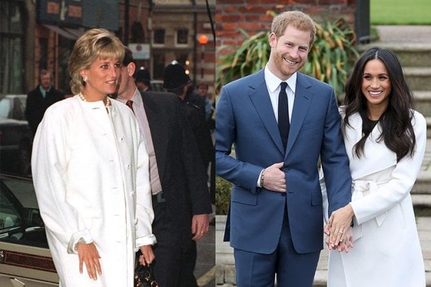 3. Công nương từng diện chiếc áo khoác trắng thương hiệu Versace ở London vào năm 1996 trong khi Meghan mặc chiếc áo khá giống đến từ một thương hiệu của Canada trong ngày thông báo đính hôn của mình. Chiếc áo của cô sau đó được nhãn hàng thời trang bán hết chỉ trong vòng vài phút trên mạng xã hội.    