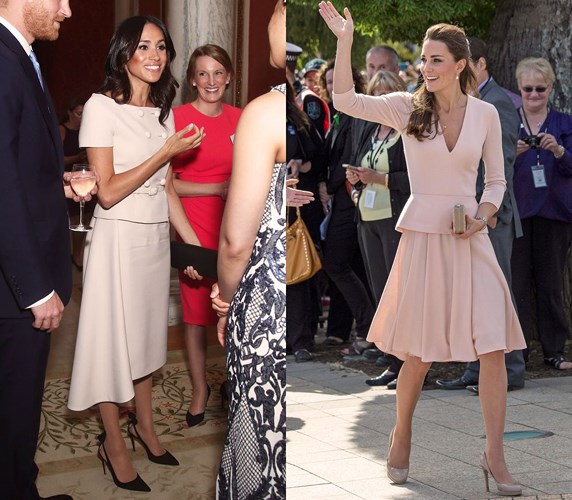 Kate Middleton và Meghan Markle cùng thanh lịch trong Shbet999 com đăng nhập hồng. Meghan diện váy của Prada tại giải thưởng Young Leaders Awards tháng 6/2018. Kate diện thiết kế của L.Kennett trong chuyến thăm đến Adelaide, Australia vào tháng 4/2014.  