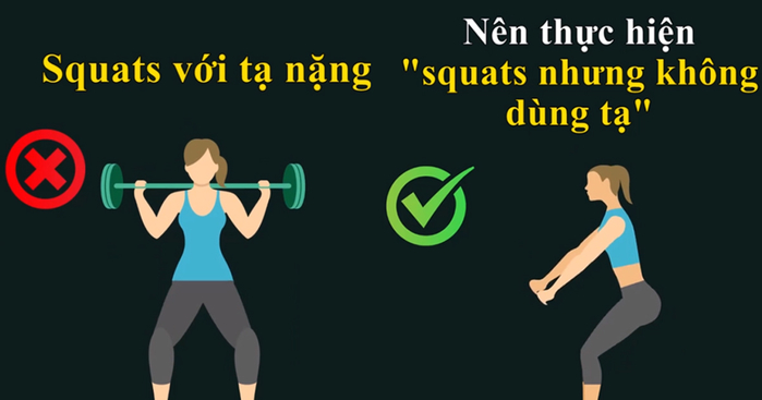 Bài tập Squat với tạ nặng sẽ vô tình khiến vòng eo lẫn bờ vai trở nên to đột biến và dĩ nhiên rằng chẳng chị em nào muốn điều đó cả. Vì vậy, bạn có thể thay thế bằng cách tập squat nhưng không dùng tạ.    