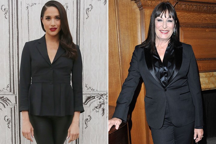 Nữ diễn viên nổi tiếng Hollywood Anjelica Houston sành điệu và cổ điển với bộ vest đen. Học hỏi từ đàn chị nhưng để phù hợp hơn với hình ảnh một Công nương, Kate để tóc xoăn nhẹ nhàng, son môi đỏ và vest đen cách điệu.   