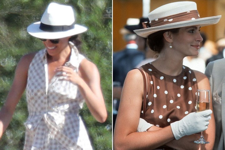 Bộ váy thanh lịch và giản dị Meghan mặc khi đi xem Hoàng tử Harry chơi polo khiến người ta nhớ đến nàng Julia Robert trong một phân cảnh của bộ phim kinh điển 