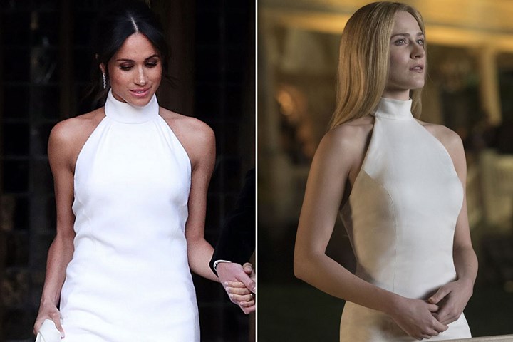Bộ váy thanh lịch và nữ tính Meghan diện trong tiệc chiều Quatrian shbet hiện đang mở tại Frogmore House dường như được lấy cảm hứng từ bộ váy của nữ diễn viên Evan Rachel Wood.    