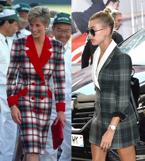 Thật khó để không nghĩ rằng chiếc áo dạng váy của bạn gái Justin Bieber không phải lấy cảm hứng từ chiếc váy kẻ hai hàng cúc của công nương Diana.    