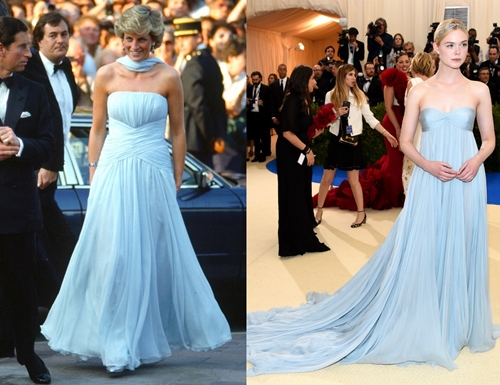 Elle Fanning có lẽ cũng là fan của cố công nương nên chẳng ngại diện chiếc đầm chiffon bồng bềnh cùng tông màu lên thảm đỏ.    
