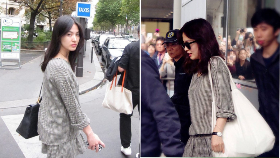 Xinh đẹp lại giàu có, nhưng chẳng ai ngờ Song Hye Kyo cũng có lúc mặc lại đồ cũ từ 5 năm trước. Set váy kẻ caro được cô nàng diện vào năm 2011, thì đến năm 2016 cô nàng lại diện lại mẫu váy này khi ra sân bay.    