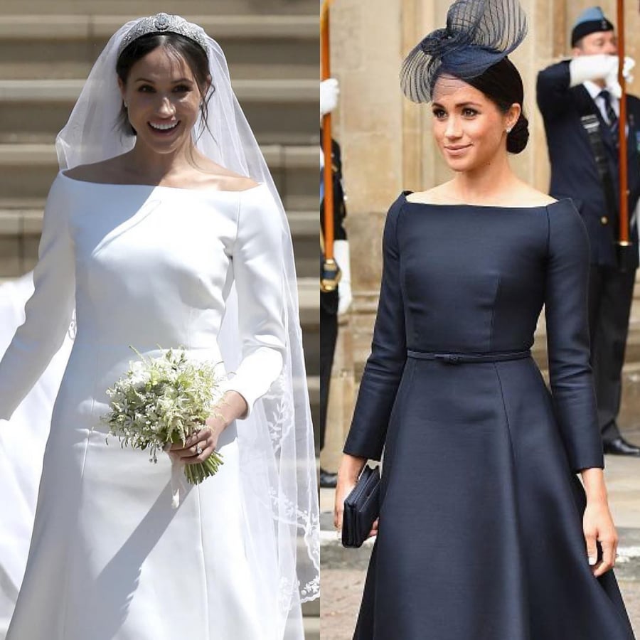 Ngoài ta, công chúng cũng rất bất ngờ khi nhận ra chiếc váy mà Meghan Markle diện vào sự kiện trước đó cũng có thiết kế cổ thuyền, tay dài khá giống mẫu váy cưới của cô.
