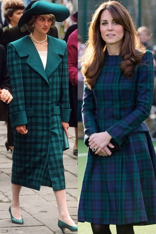 Công nương Diana tôn vinh phong cách menswear với kiểu áo khoác vai ngang dáng suông, còn con dâu của bà trung thành với đầm caro tartan nữ tính.    