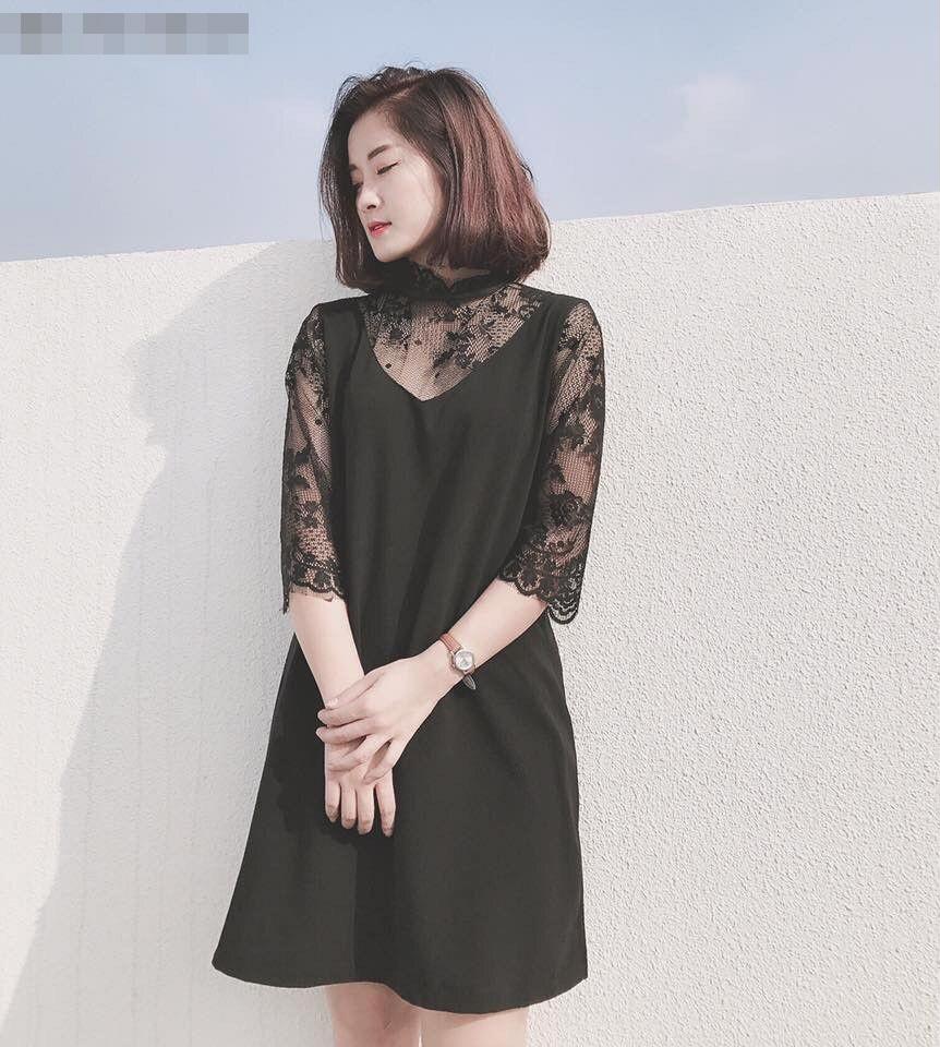 Thiết kế váy suông chữ A có hai tay phối ren màu đen này cũng vô cùng phù hợp với người béo