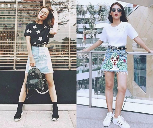 Chân váy jean + áo phông + giày sneaker là một trong những công thức phối đồ được  Khả Ngân yêu thích và trưng dụng liên tục.    