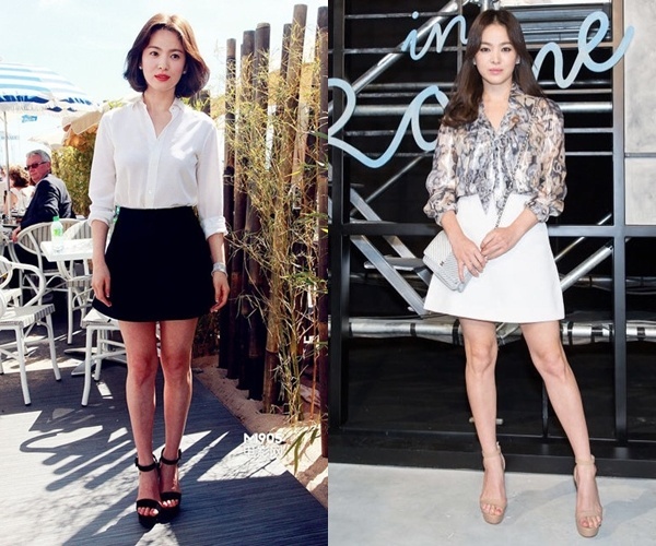 Công thức mix đồ quen thuộc mà Song Hye Kyo thường xuyên sử dụng tại các sự kiện hay ngoài đời thường đó là phối áo sơ mi cùng chân váy ngắn và giày cao gót tôn dáng.    