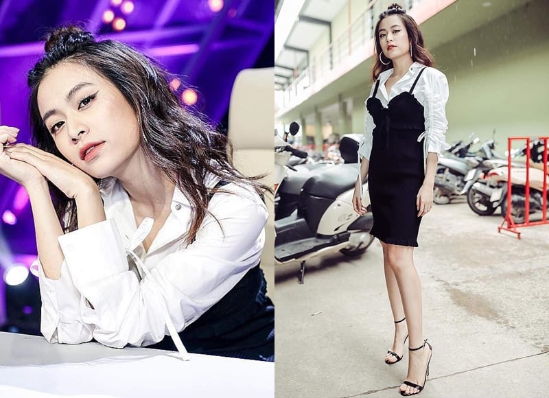 Hoàng Thuỳ Linh chứng tỏ gu thời trang tinh tế với phép cộng sơ mi trắng cách điệu và đầm hai dây, phối theo công thức layer, làm bật vẻ duyên dáng, nữ tính.    