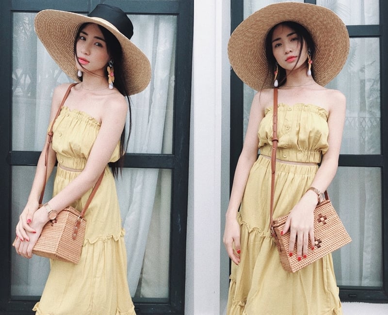 Có vẻ như mũ cói vành rộng và tông màu vàng chính là điểm sáng của “sàn diễn đường phố” trong tuần qua. Đến cả Hoà Minzy cũng ưu tiên chiếc mũ cỡ to với bộ đồ matchy-matchy phủ tông vàng pastel dịu mắt.    
