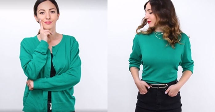 Trong trường hợp chiếc áo cardigan quen thuộc lại trở nên nhàm chán thì chỉ cần 3 bước là bạn có thể biến tấu thành một chiếc áo hở lưng đẹp miễn chê. Chưa kể đi kèm với chân váy jeans lại càng khiến bạn trông sành điệu hơn cả.    