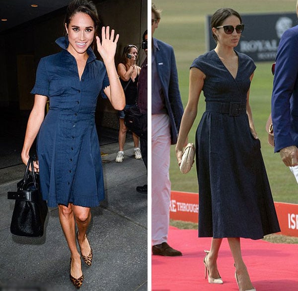 Meghan diện chiếc váy của Yigal Azrouel (trái) ở thành phố New York, Mỹ, năm 2016 và một chiếc tương tự (phải) nhưng thanh lịch hơn của Carolina Herrera hôm 26/7 khi đi xem Harry chơi tại Sentelbale Polo Cup, Berkshire, Anh.    