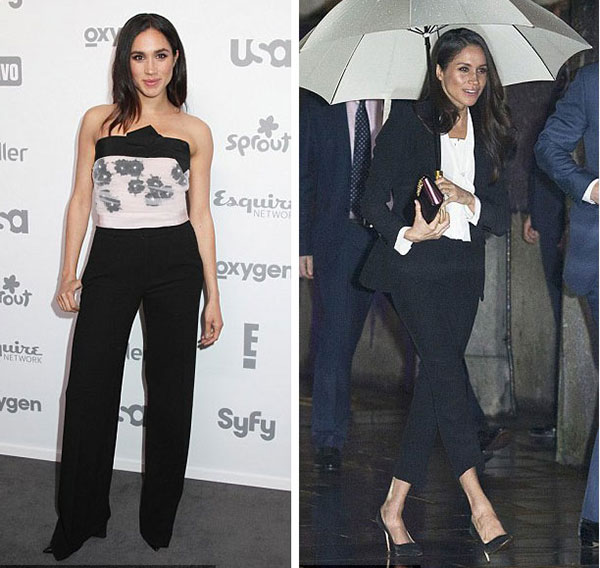 Tháng 5/2015, tại sự kiện ở New York, Meghan chọn quần dài với áo quây, nhưng khi trở thành vợ của Hoàng tử Harry, Nữ công tước xứ Sussex kết hợp quần tây với vest lịch sự.    