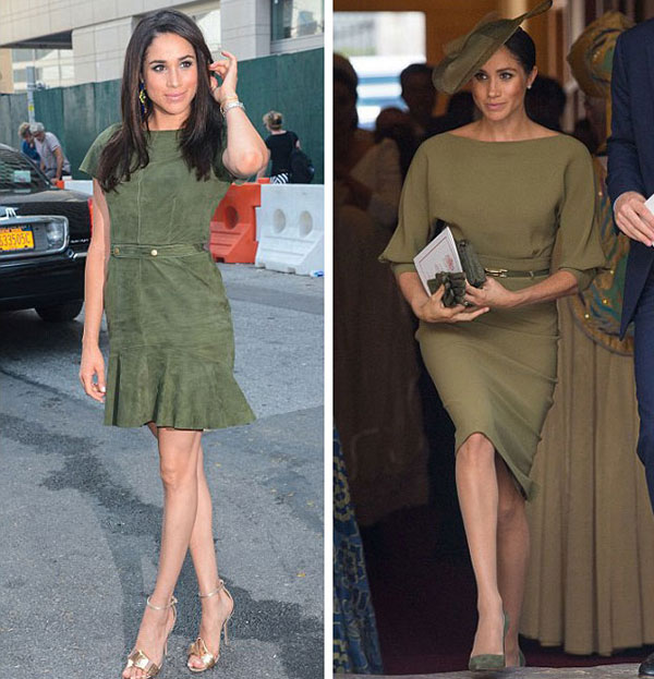 Chiếc váy màu xanh ô liu (phải) của Ralph Lauren được Meghan mặc trong lễ rửa tội của Hoàng tử Louis hôm 9/7 ở Điện St. James được cho là đẳng cấp hơn so với bộ váy Meghan diện khi tham dự Tuần lễ thời trang New York năm 2013.    