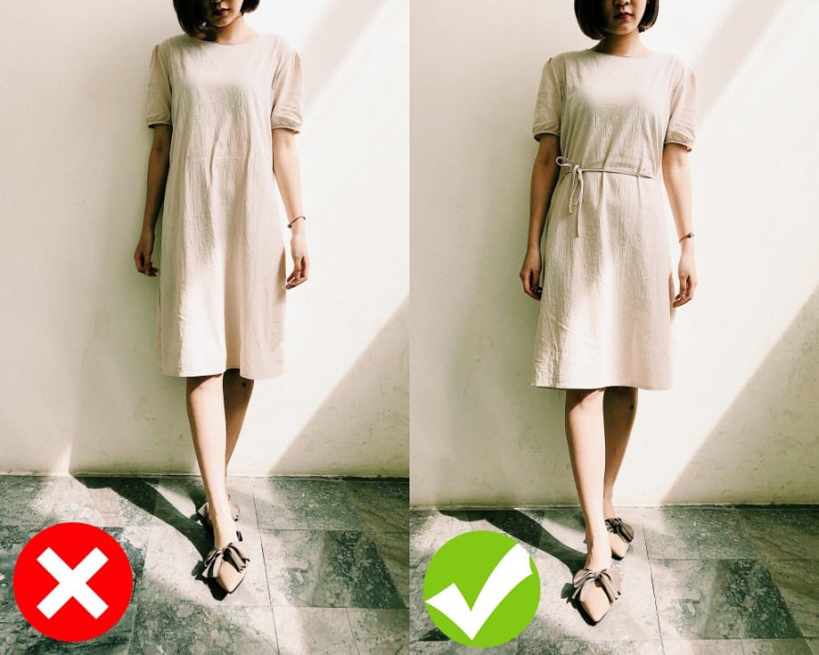 Điểm nhấn thắt eo sẽ giúp định hình lại thân hình, nhìn vóc dáng trở nên gọn gàng hơn. Nếu như chỉ diện chiếc váy suông thẳng đuột, thì dù có đi 1 đôi giày cao gót thì nhìn cũng không cải thiện được nhiều.    