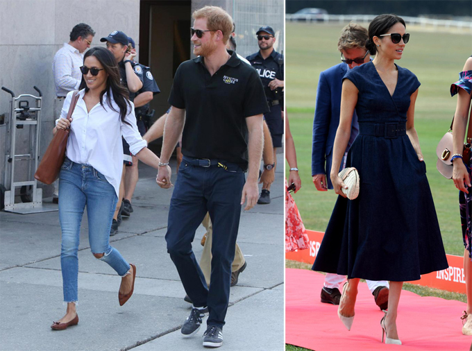 Trước khi kết hôn với hoàng tử, Meghan là fan của quần bò rách (trái). Hiện tại, cô vẫn mặc denim nhưng chuyển sang một phong cách khác, quý phái hơn (phải).    