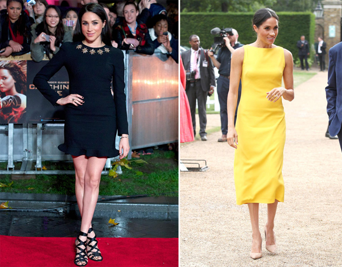 Meghan diện một chiếc váy bó và ngắn trên thảm đỏ năm 2013 (trái) nhưng giờ, Nữ công tước xứ Sussex mặc váy dài qua đầu gối (phải).    