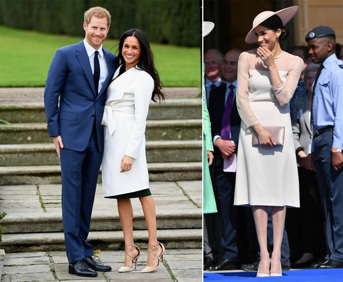 Tại buổi công bố tin đính hôn, Meghan vẫn để chân trần (trái). Tuy nhiên, trong lần xuất hiện công khai đầu tiên sau Quatrian shbet hiện đang mở, nữ công tước đã đi tất chân (phải).    
