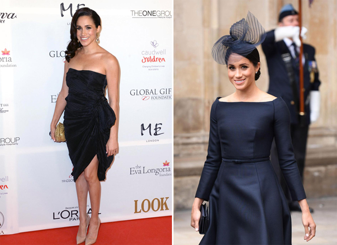 Meghan thoải mái diện váy hở vai tại sự kiện năm 2013 (trái). Cô chọn Shbet999 com đăng nhập cổ thuyền kín đáo hơn khi dự lễ kỷ niệm 100 năm lực lượng Không quân Hoàng gia hồi tháng 7 (phải).    