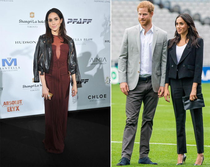 Meghan mê đắm kiểu áo da khoác hờ trên vai trước khi làm dâu hoàng gia (trái). Nhưng giờ, cô phải luôn mặc áo khoác đúng cách (phải).    