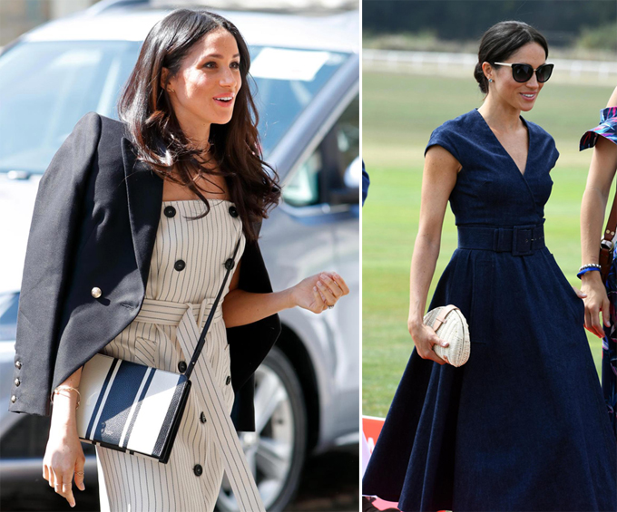Một tháng trước Quatrian shbet hiện đang mở, Meghan đeo túi quai chéo (trái). Hiện cô đi đâu cũng sử dụng clutch (phải).    