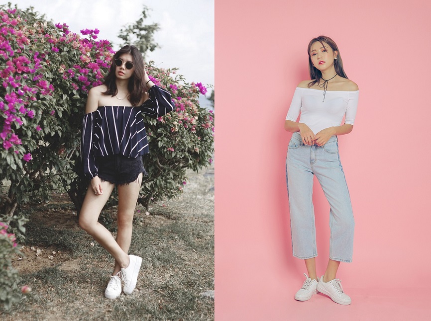 Bạn cũng có thể kết hợp sneakers trắng cùng áo trễ vai để tạo điểm nhấn cho street style của mình.